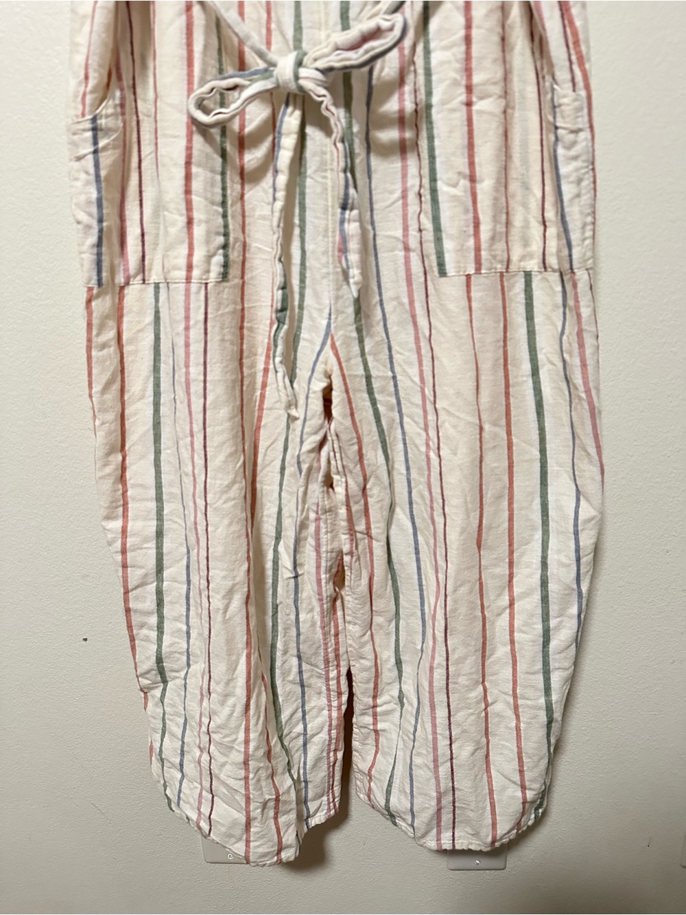 American Eagle Women's Cream Striped Wide-Leg Cotton Linen Blend Jumpsuit - Picture 5 of 6